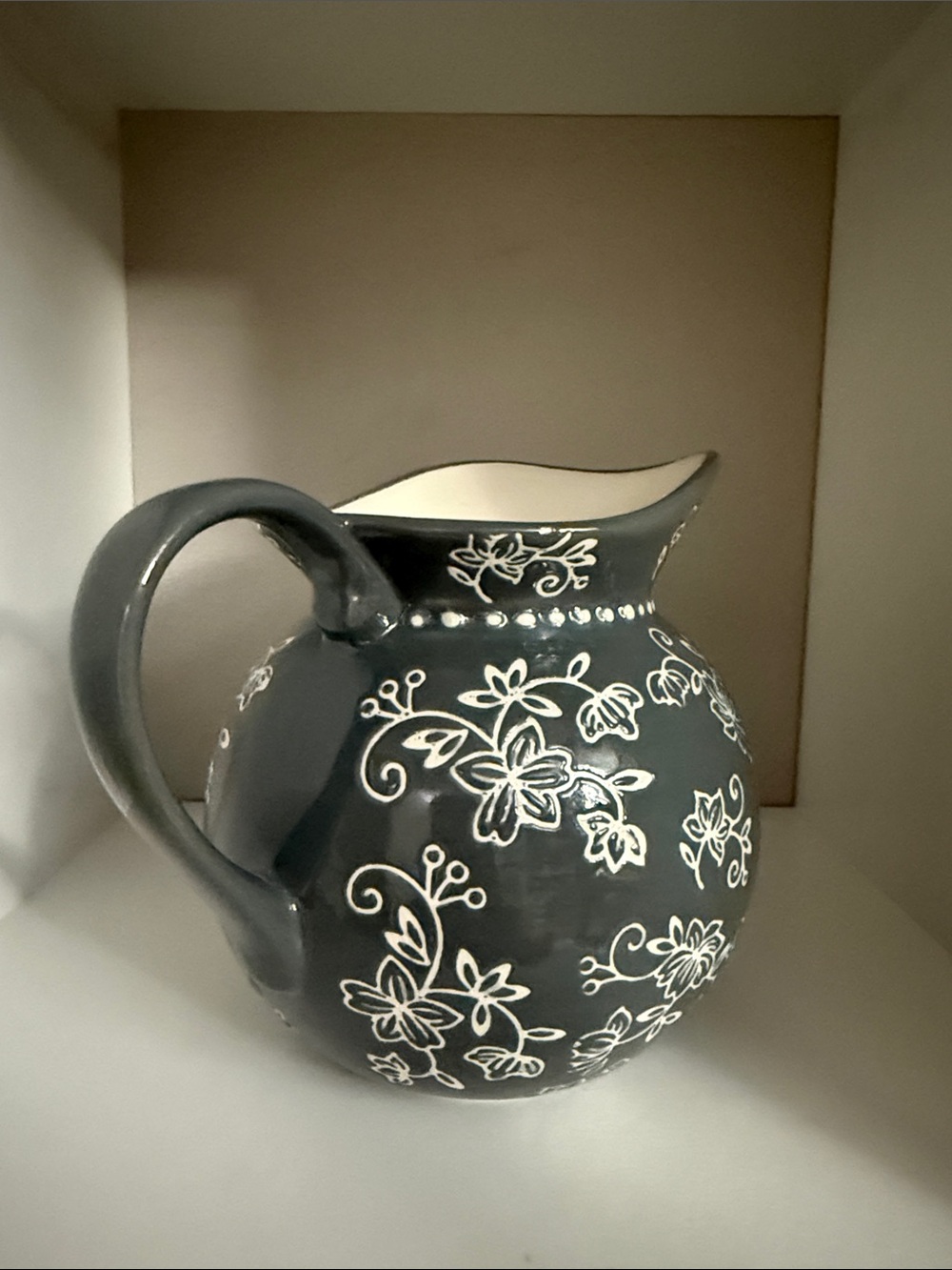 Temptations Olive Green Pitcher with White Floral Motif